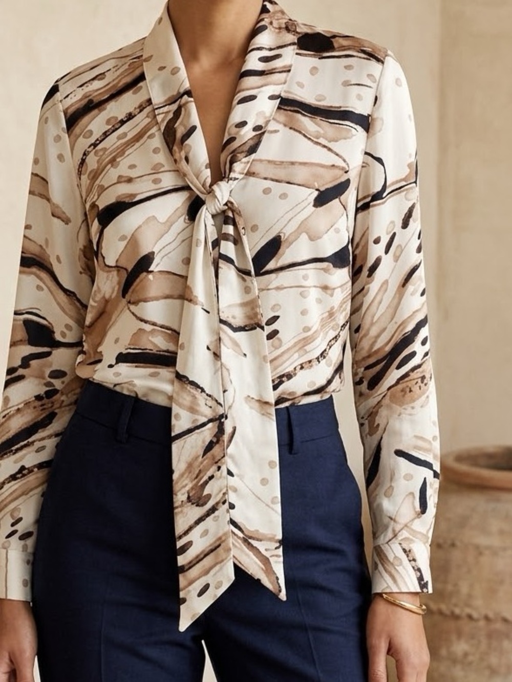 Ellen Tracy Abstract Tie-Neck Blouse
